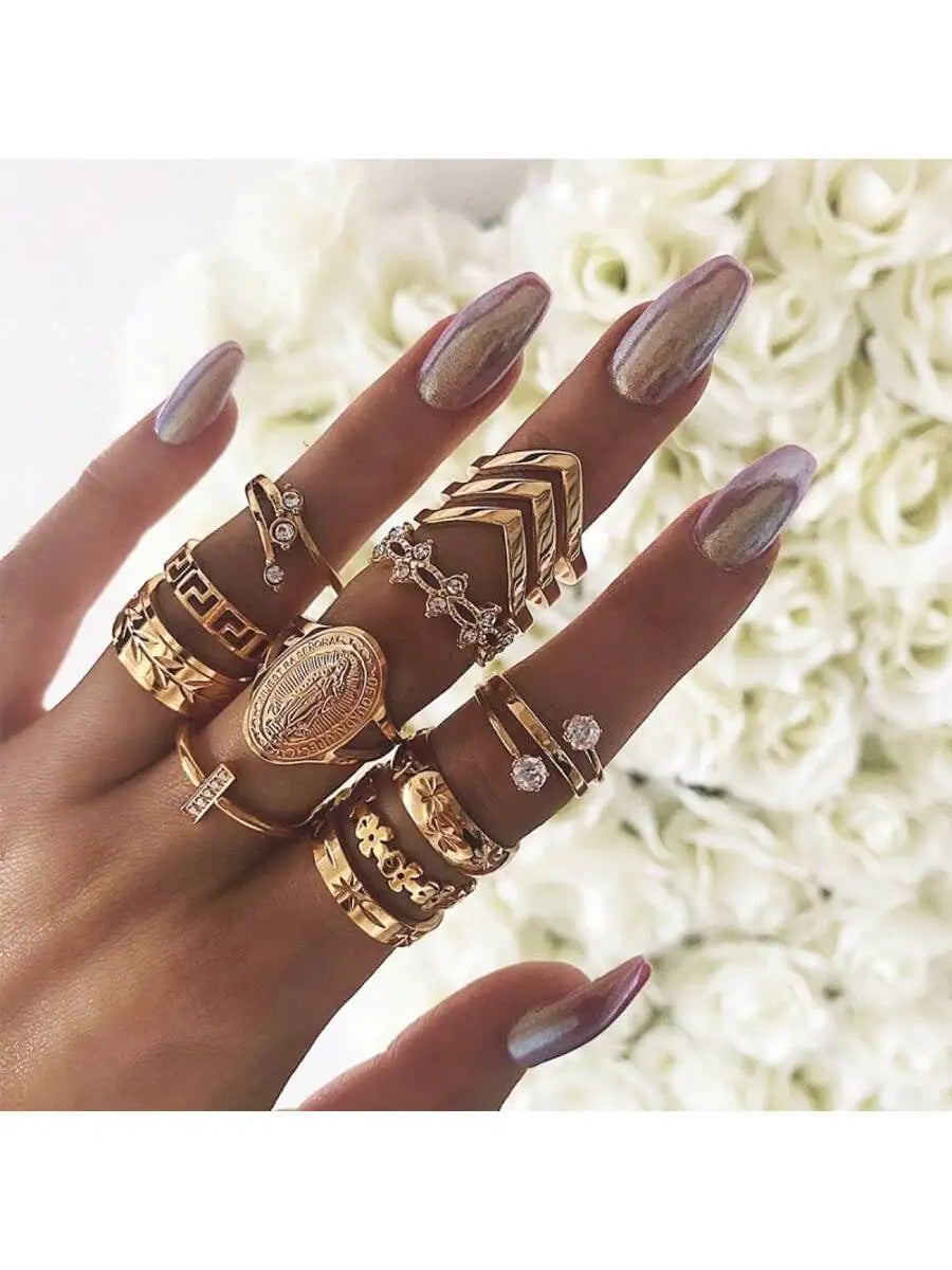 Boho Heart Ring Set CZ Star Moon Arrow Flower Jewelry