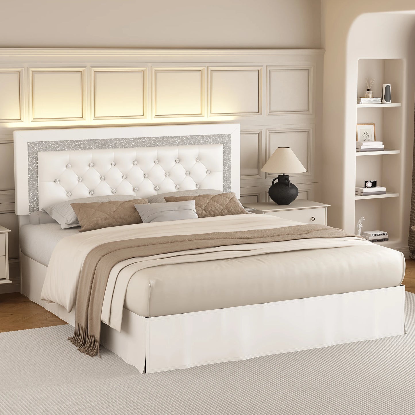 SIBEDS Bed Frame With LED Lights And Adjustable Headboard Tufted Linen Upholstery And Strong Wood Slats