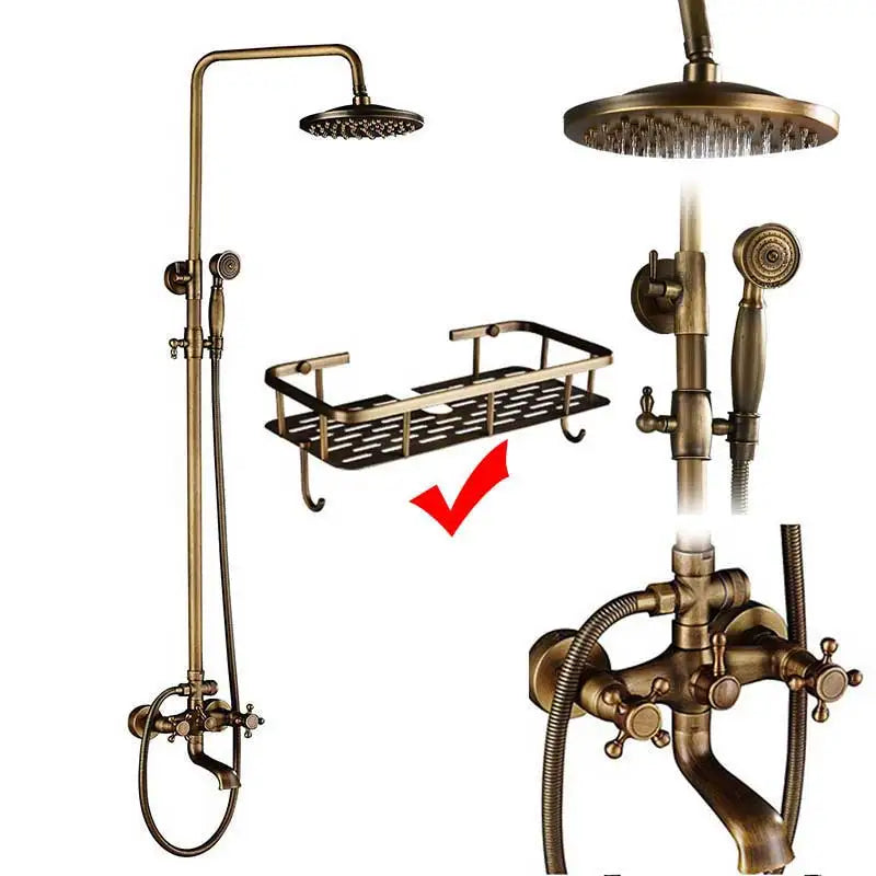 Rozin Antique Brass Shower Faucet Set Dual Handle With Shelf