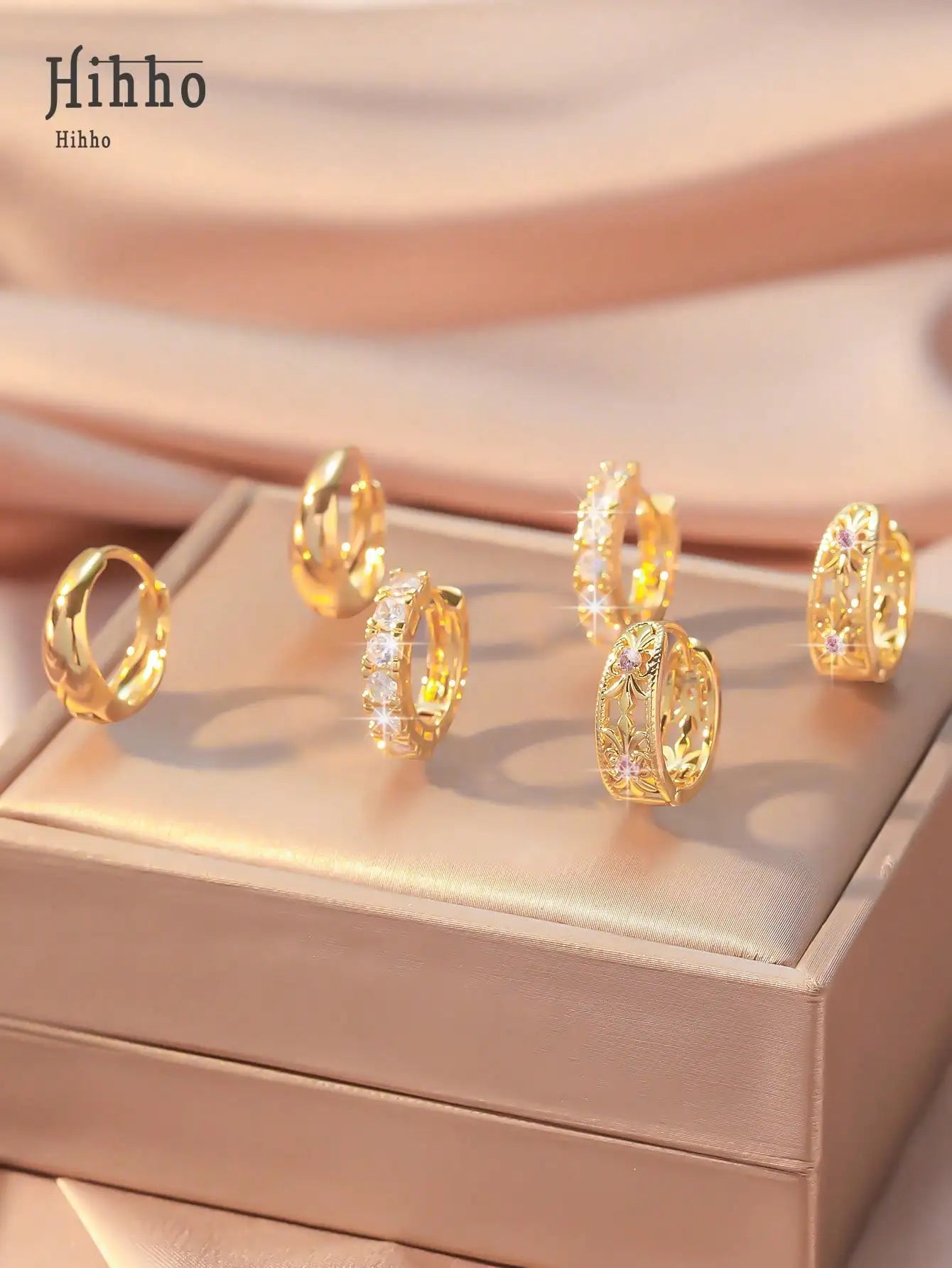 3 Pairs Gold Tone Hoop Earrings: Smooth, Zirconia-Embellished & Vintage Floral Cut-Out Designs