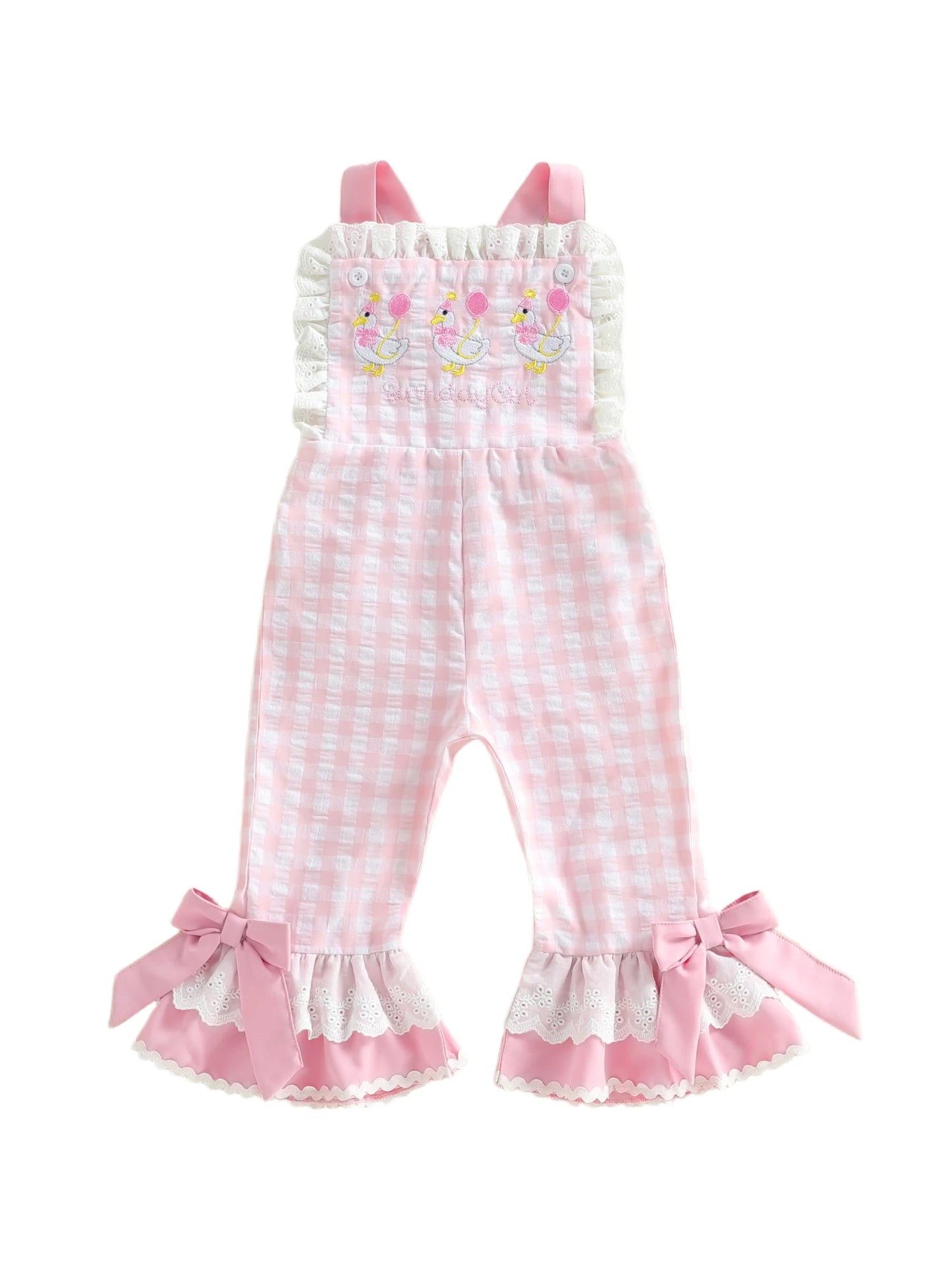 Girls Jumpsuit With IntricatelyDetailed Checkered Embroidered Goose Motif Everyday Wear
