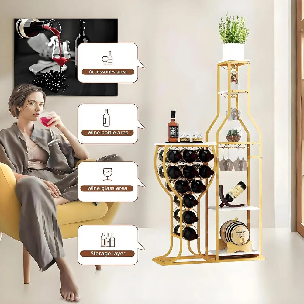 Freestanding Floor Wine Rack with Bottle and Glass Holder, Wrought Iron Wall Mount Rack, Home Wine Accessories