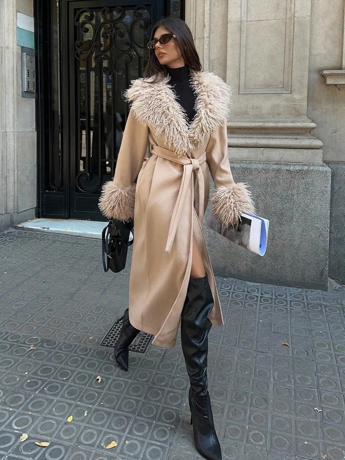 Women's Faux Fur Trim Wool Blend Coat, Bohemian Style Long Jacket for Fall Winter