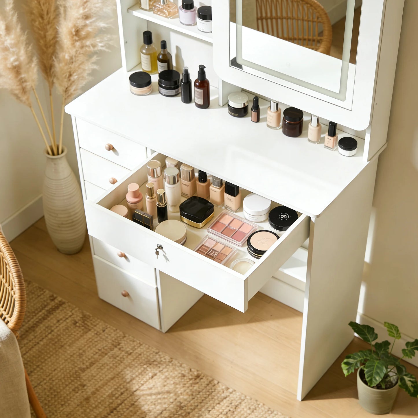 Modern Makeup Vanity Desk with Drawers & Mirror, Space-Saving Dressing Table for Bedroom, Holiday Gift Idea