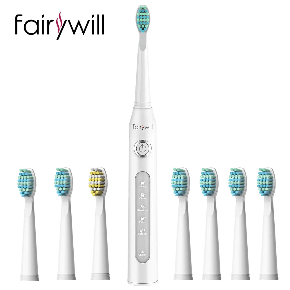 Fairywill FW-507 Electric Sonic Toothbrush Replacement Heads USB Charge Waterproof