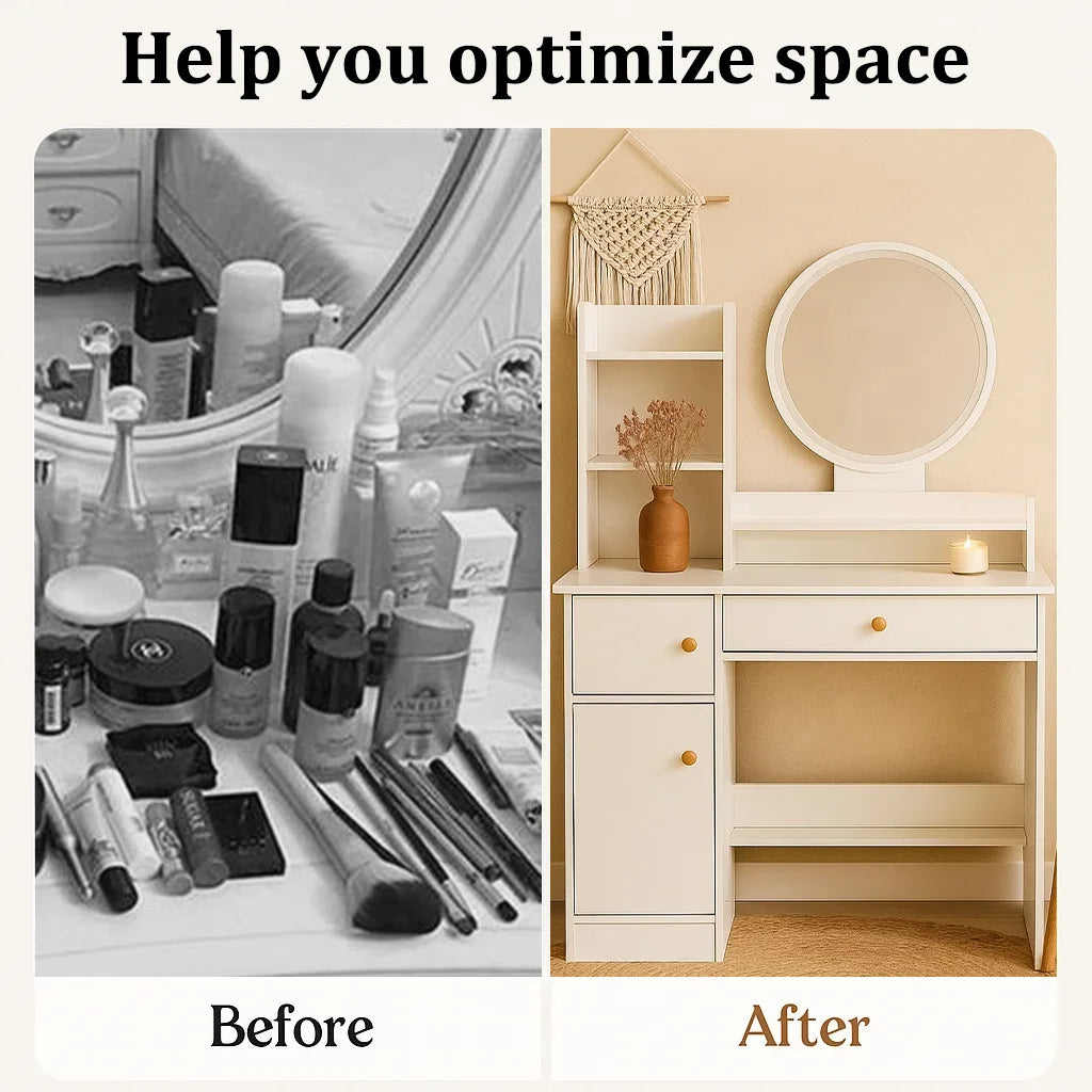 Modern White Vanity Table with LED Round Mirror, Makeup Desk with Drawers and Shelves, Dressing Table with Storage for Bedroom