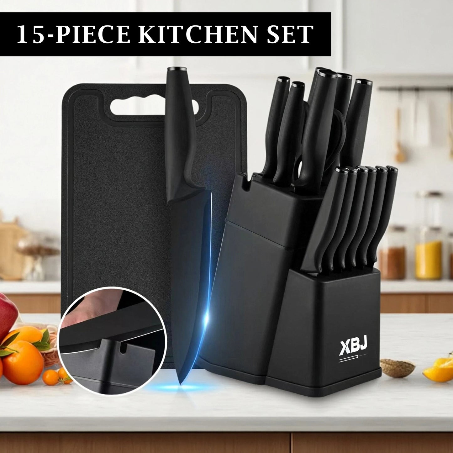 15-piece kitchen stainless steel knife set with knife holder, space-saving storage, full handling of ingredients