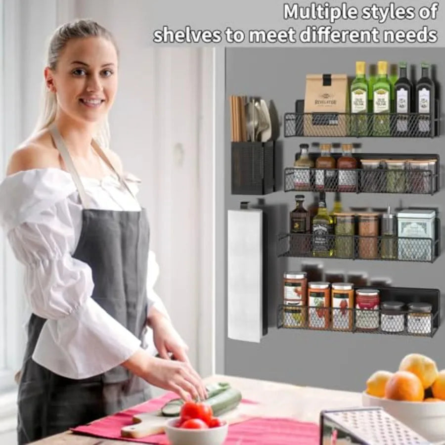 Magnetic Spice Rack for Refrigerator 6 Pack 100 Metal Strong Magnet Shelf Black Space Saving Spice Organizer Home Kitchen Laund