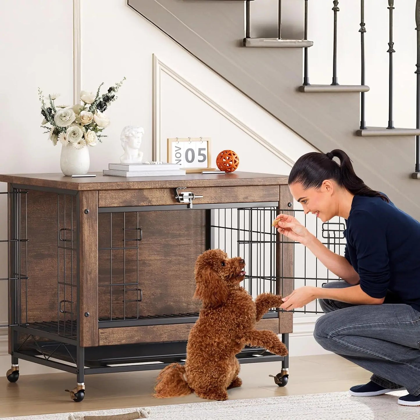 Dog Crate Furniture 26 Inch Indoor Wooden Kennel Double-Door Pet Cage with Wheels/Removable Tray, Indoor Pet Side Table Dog Box