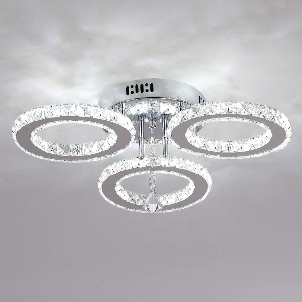 GreeLustr Crystal Chandelier Ceiling Lamp 3 Rings Chrome Pendant Light Modern Flush Mount for Bedroom