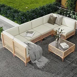 Outdoor Patio Furniture Set Wicker Sectional Sofa Boho Conversation With Tempered Glass Table
