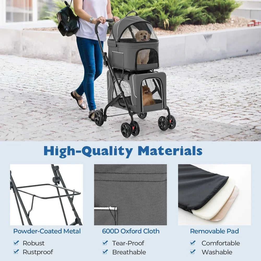 RBXC Two Dog Stroller With Detachable Carriers And Safety Belt