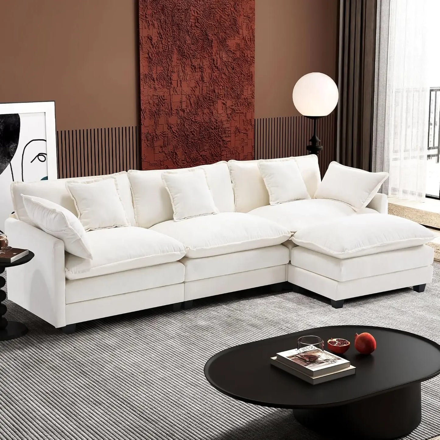 Modular L-Shaped Chenille Cloud Sectional Sofa 4-Seater With Ottoman Modern Living Room Furniture