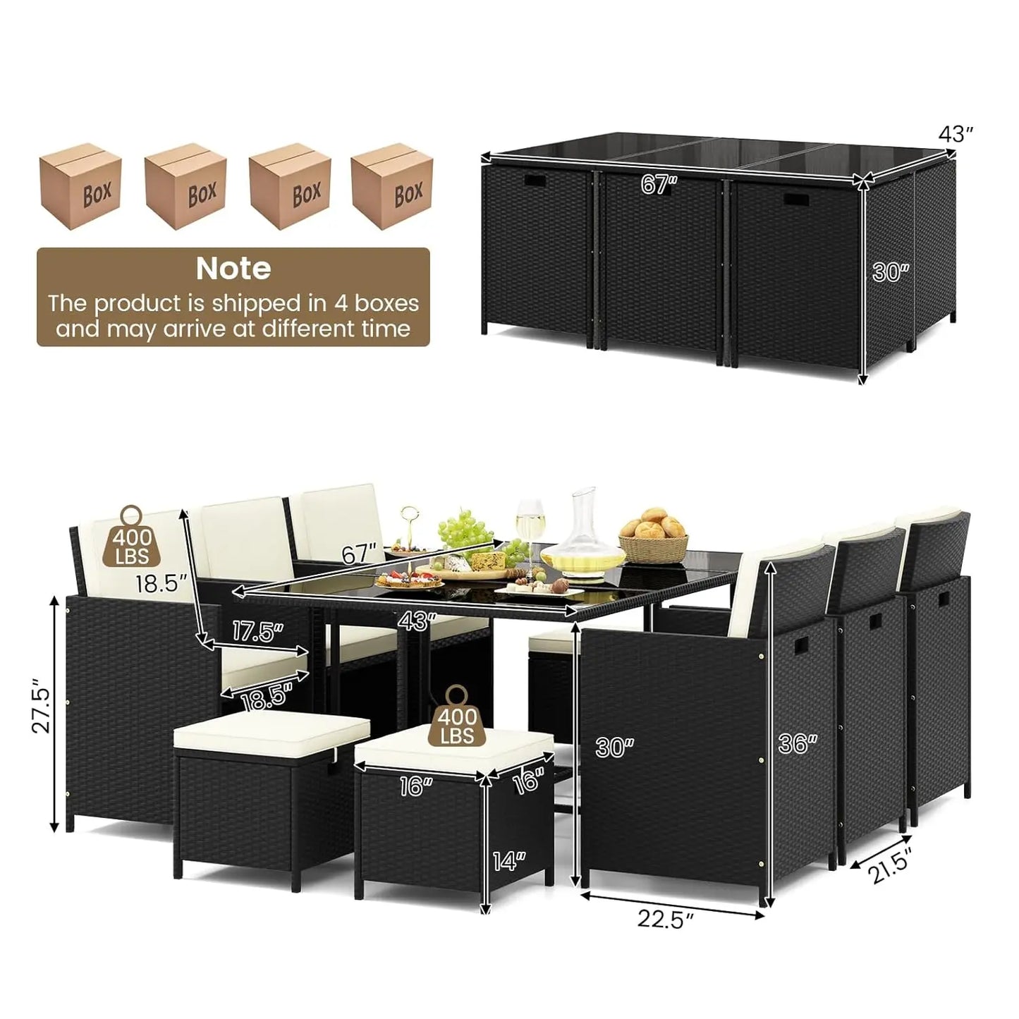 11 Pieces Patio Dining Set With Space Saving Wicker Chairs Ottomans And Tempered Glass Table