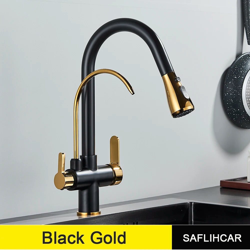 SAFLIHCAR Pull Out Dual Water Modes Kitchen Faucet With Cold And Hot Water Purification Deck Mounted Brass
