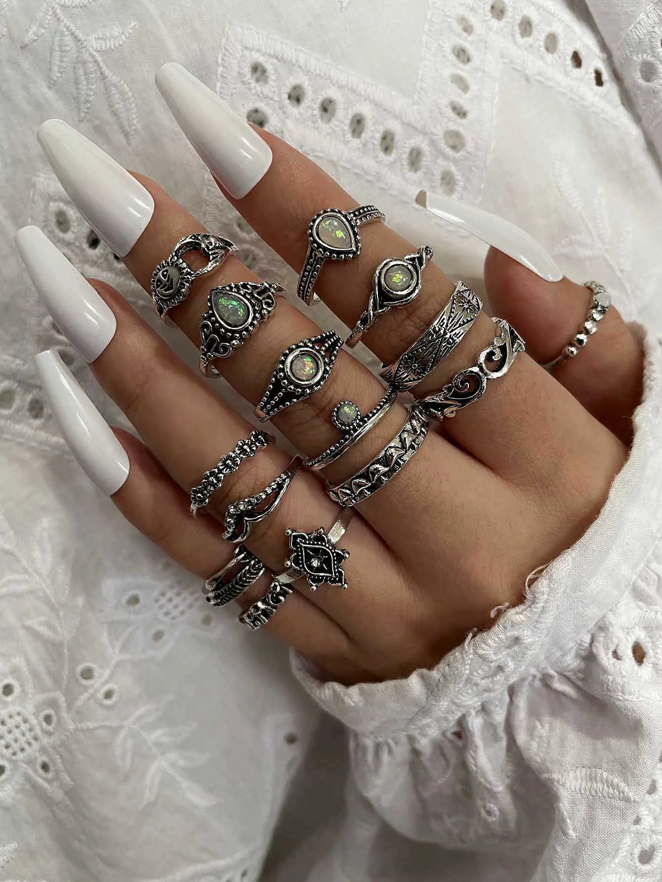 15pcs Gold Tone Boho Ring Set with Opal & Rhinestone Accents for Women