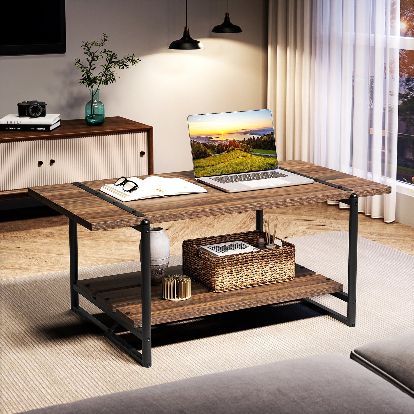 HobbyLane 2-Tier RusticCharm Wood Coffee Table With FarmhouseStorage Shelf UnitPro