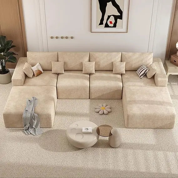 Modular U Shaped Cloud Sofa Set With Ottoman And Corduroy Six Seats Frameless Living Room Furniture
