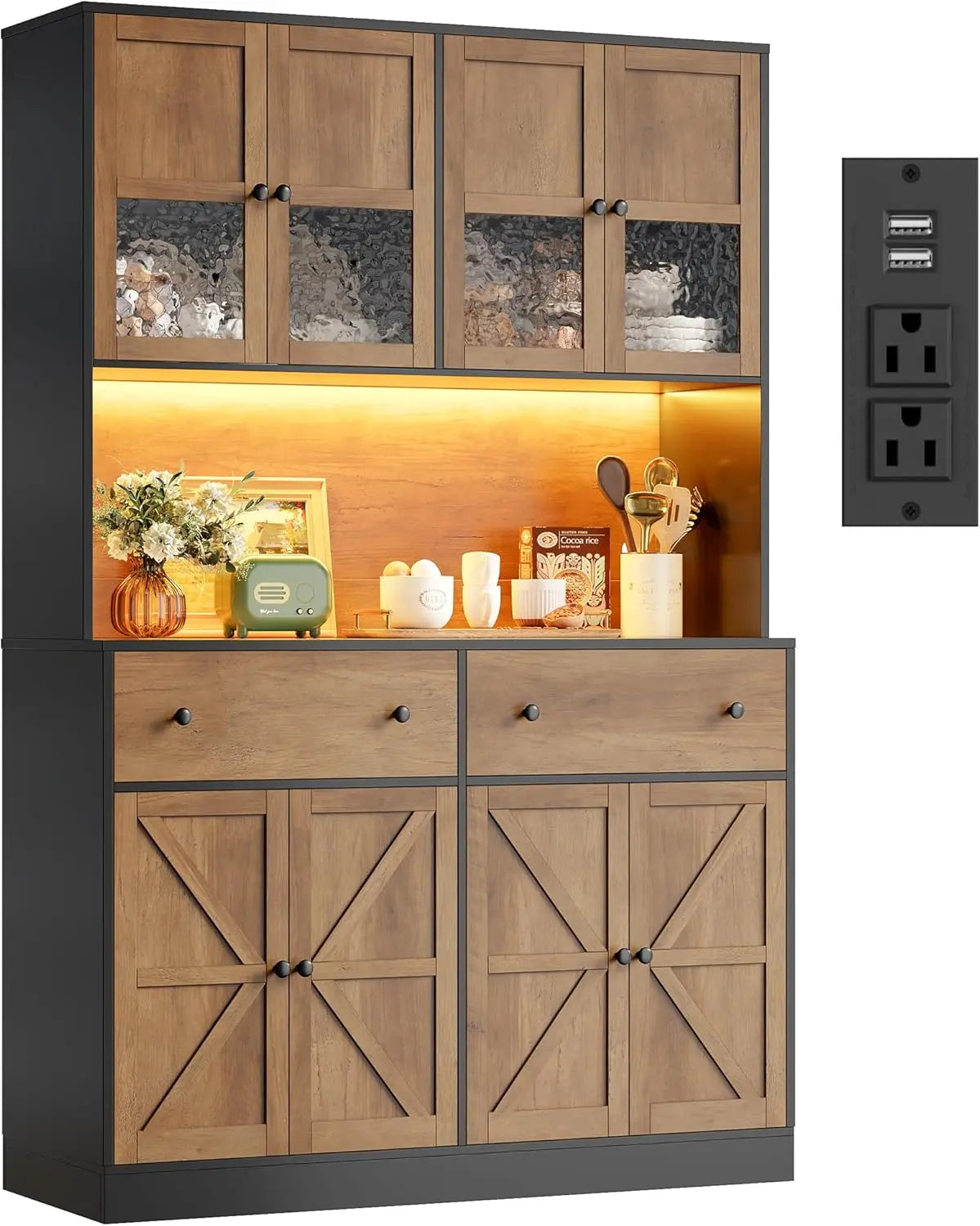 Farmhouse Pantry With LED Lighting Charging Station And Microwave Mount