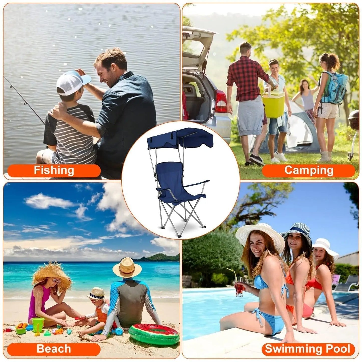 Camping Chair With Canopy Outdoor Portable Folding Lounge Chair UPF 50 Sun Shade Cup Holder