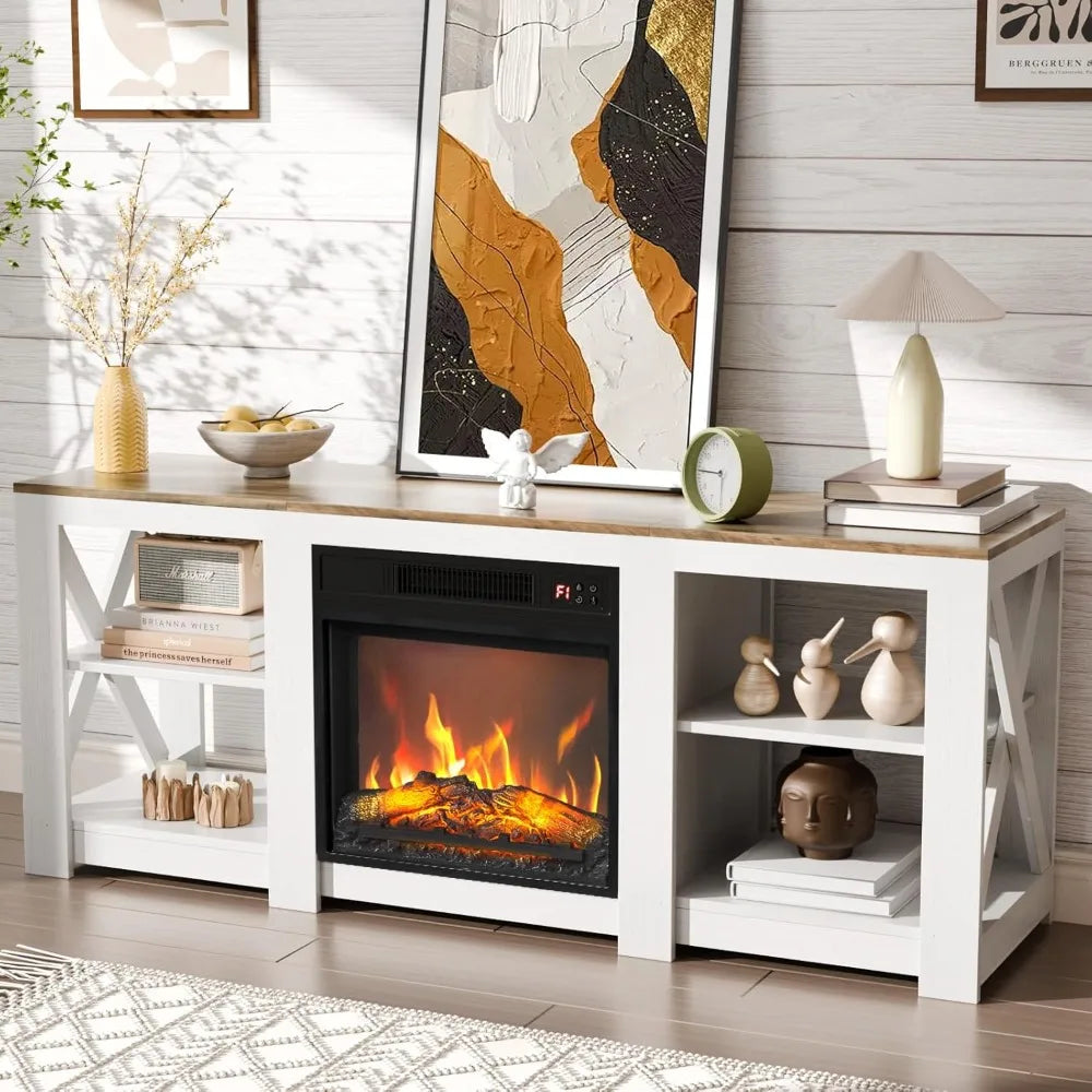 Farmhouse Fireplace Television Cabinetry With Electric Fireplace And Adjustable Shelves