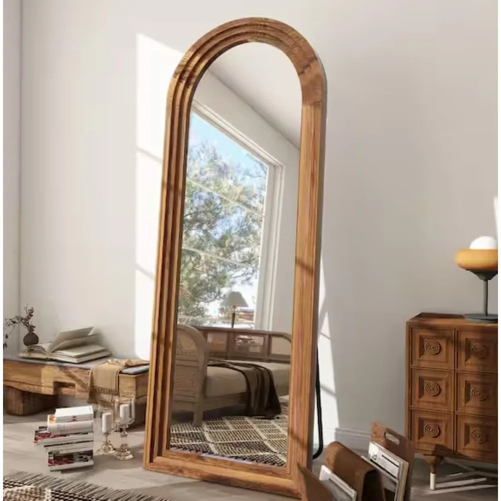 Arched Wooden Framed Floor Mirror For Home Decor And Entryway