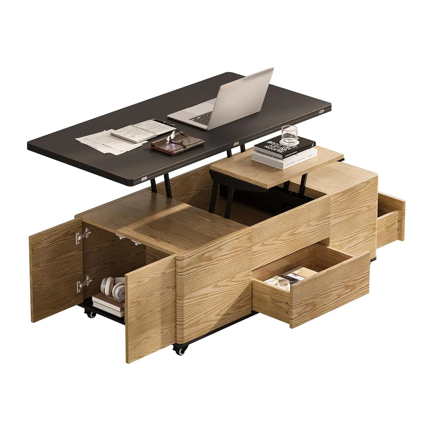 Natural Lift Top Coffee Table With Hidden Storage And Four Stools Three In One Modern Multi Function Center Table