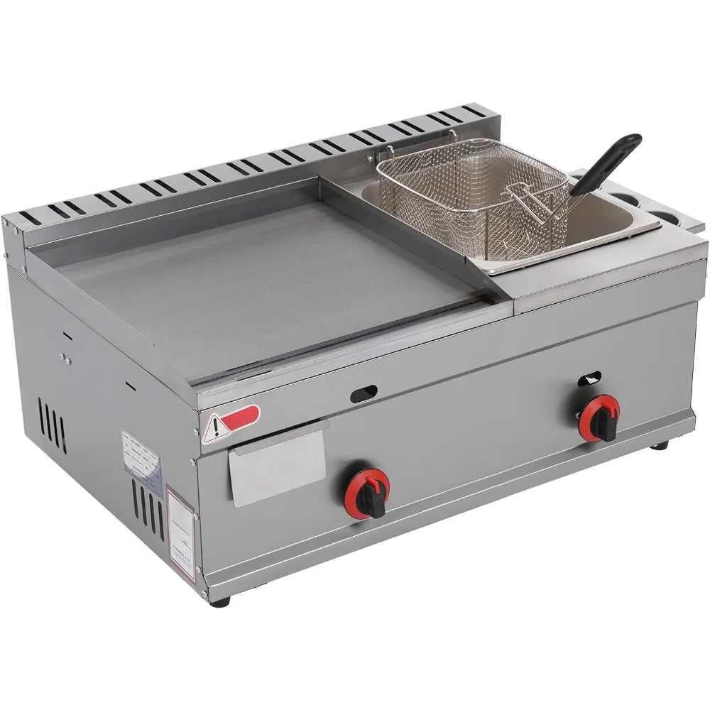 Dual Burner Countertop Cooking Station with Stainless Steel Fryer and Gas Griddle
