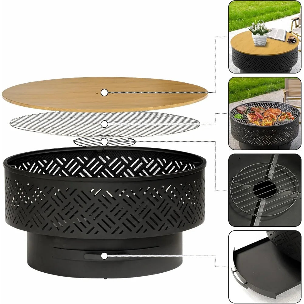 Wood Burning Fire Pit Table for Outdoors with Grill Lid Waterproof Cover Included