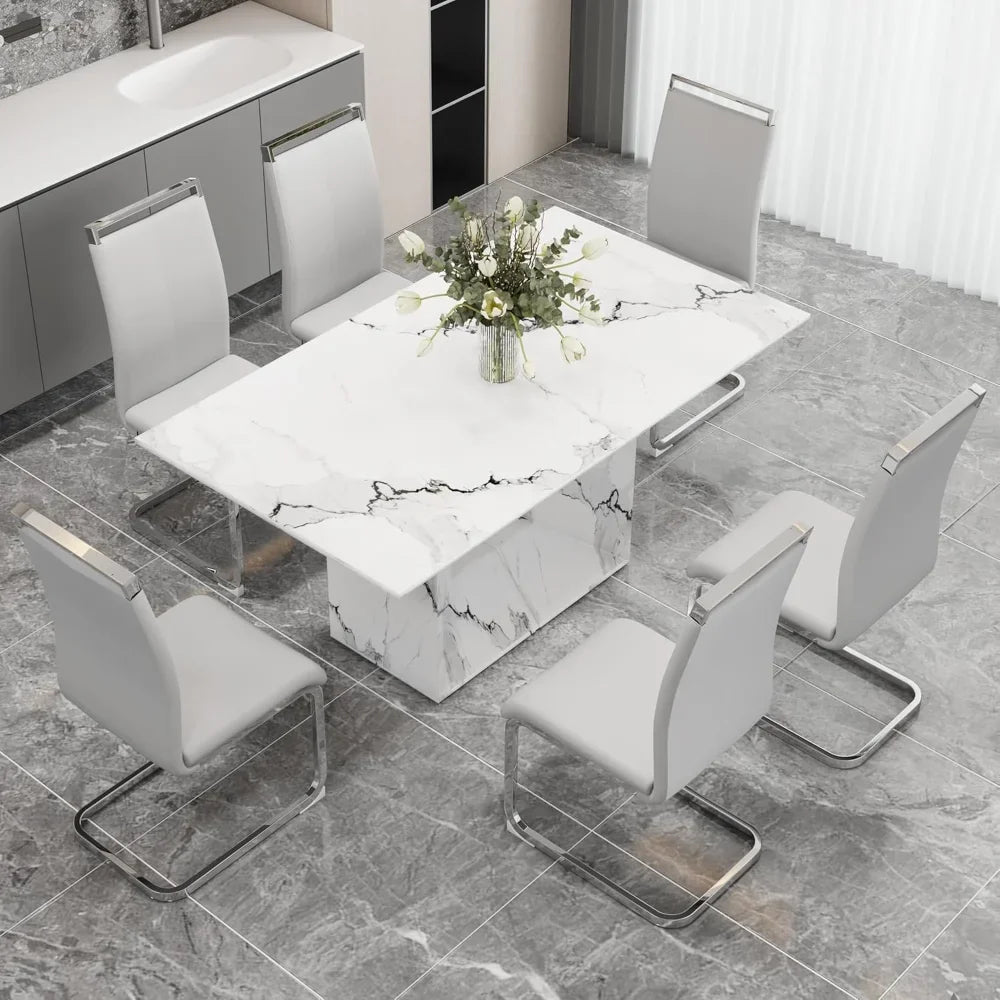6 Seater Dining Table Set, 63 Inch Kitchen Table and Chairs, White Imitation Marble Table and 6 PU Leather Chairs Set