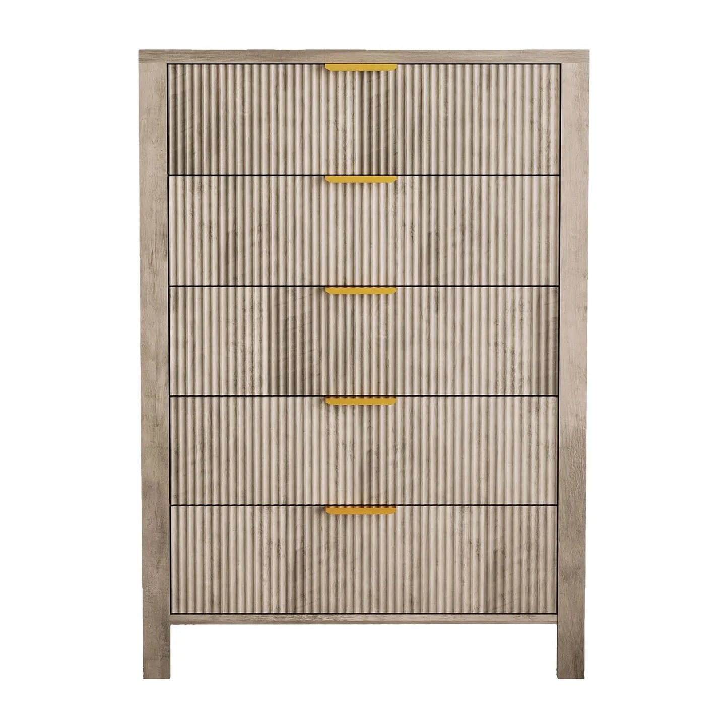 5-Drawer Tall Oak Dresser With Gold Handles, Modern Wood Storage Cabinet Organizer For Bedroom, Living Room, Hallway & Entryway