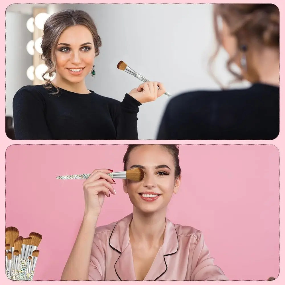13 Pcs Rhinestone Silver Makeup Brushes Set Bling Crystal Blending Liquid Powder Concealer Eye Makeup Beauty Tool Glitter with H