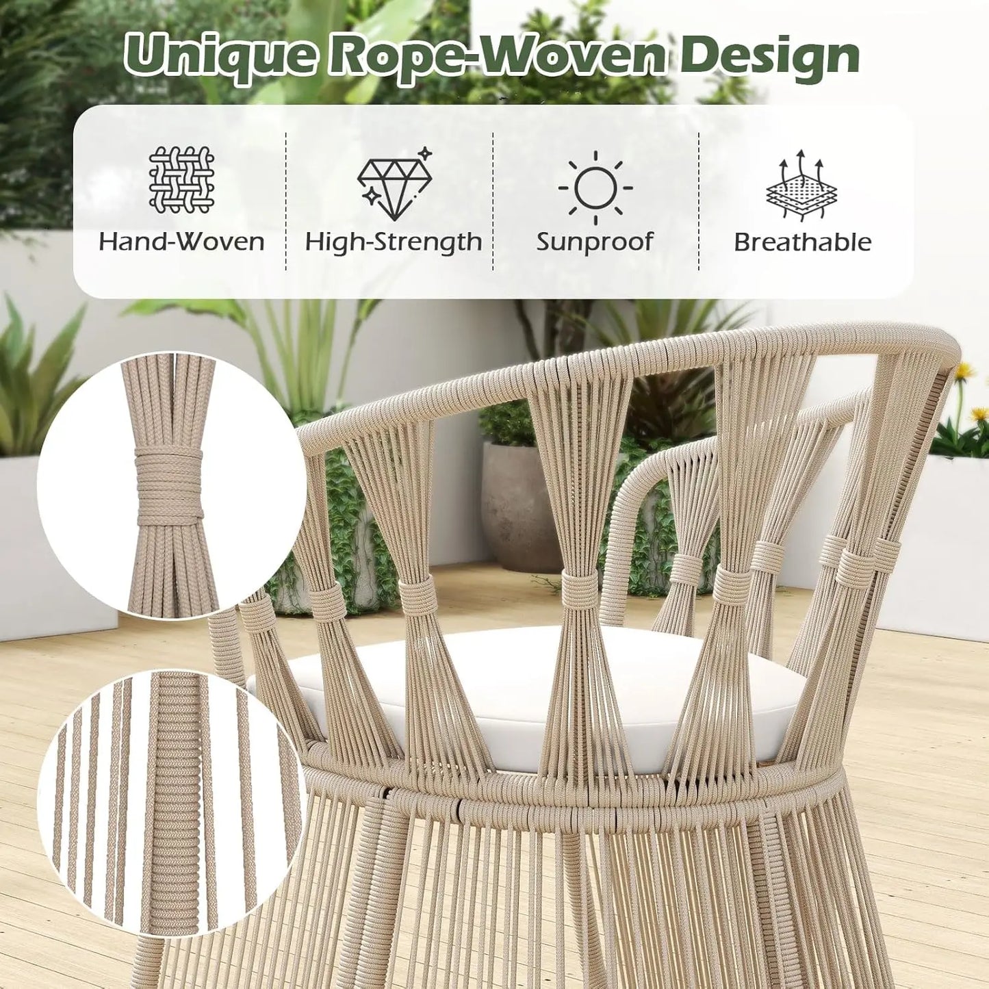 Outdoor 3 Piece Patio Chair Set With Rope Woven Cushions