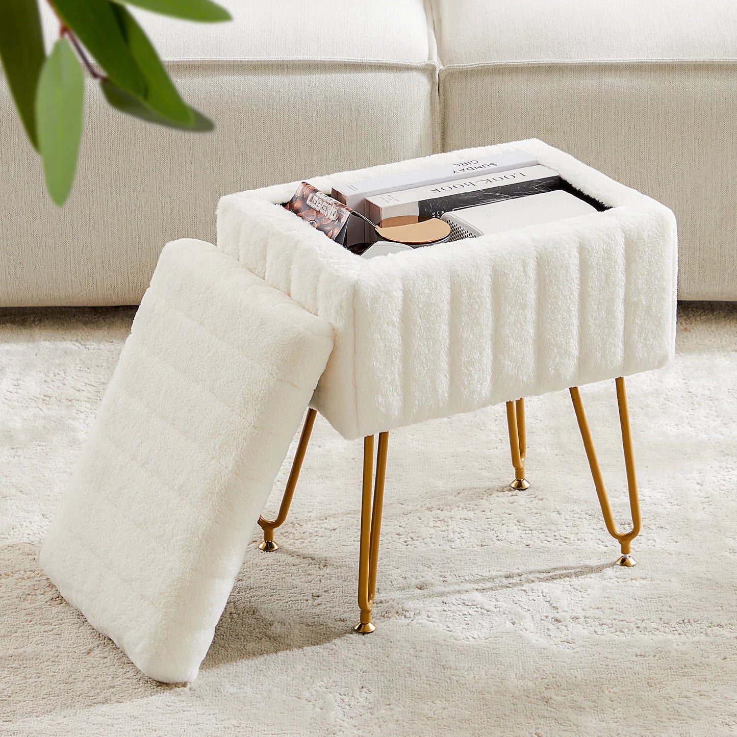 JHK Faux Fur Hidden Storage Stool Ottoman With 4 Metal Legs And Anti Slip Feet Padded For Home Use