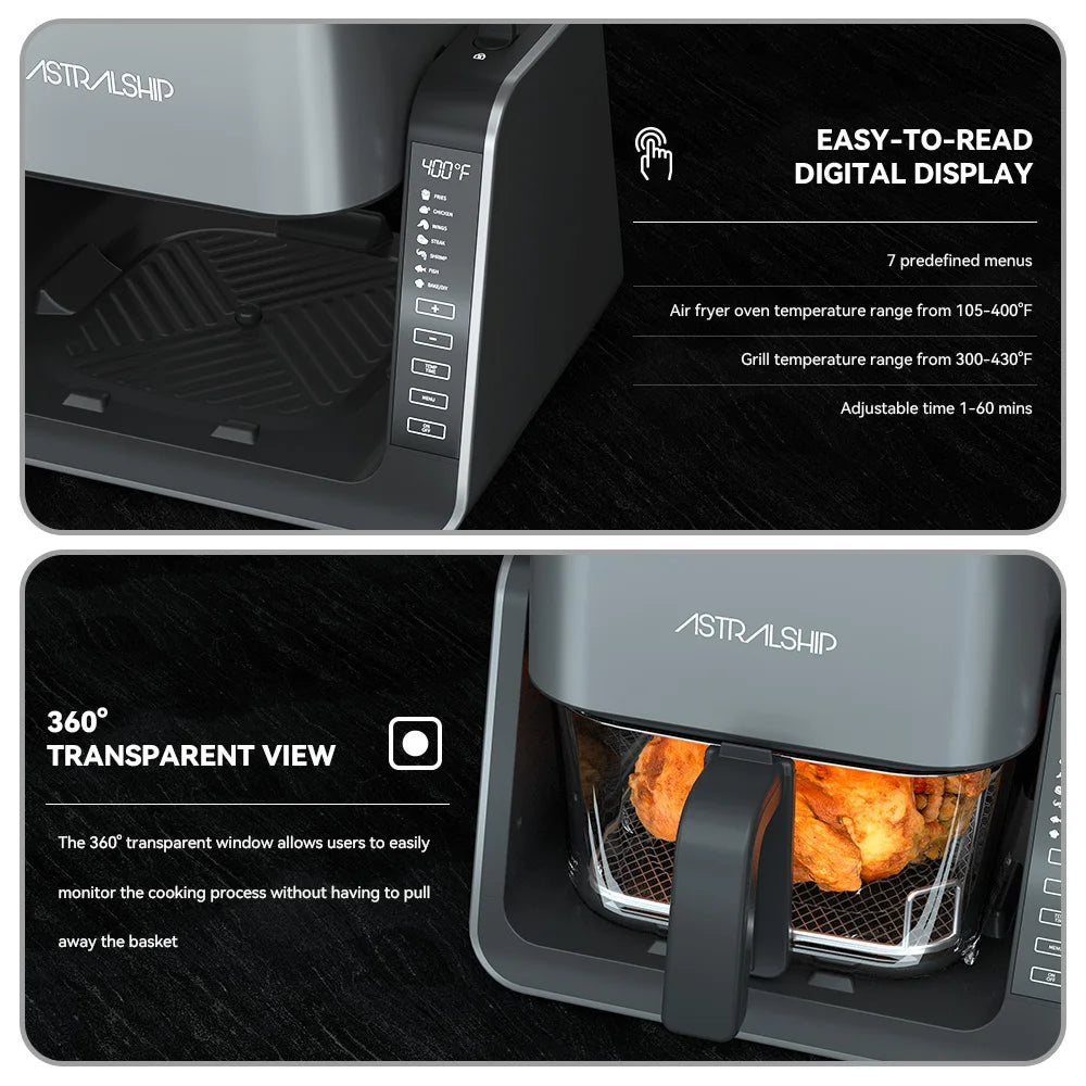2-in-1 Glass Air Fryer & Grill Combo, 4.2 QT + 1.3 QT Capacity, 7 Digital Presets, Small, Non-Toxic See-Through Glass Bowl