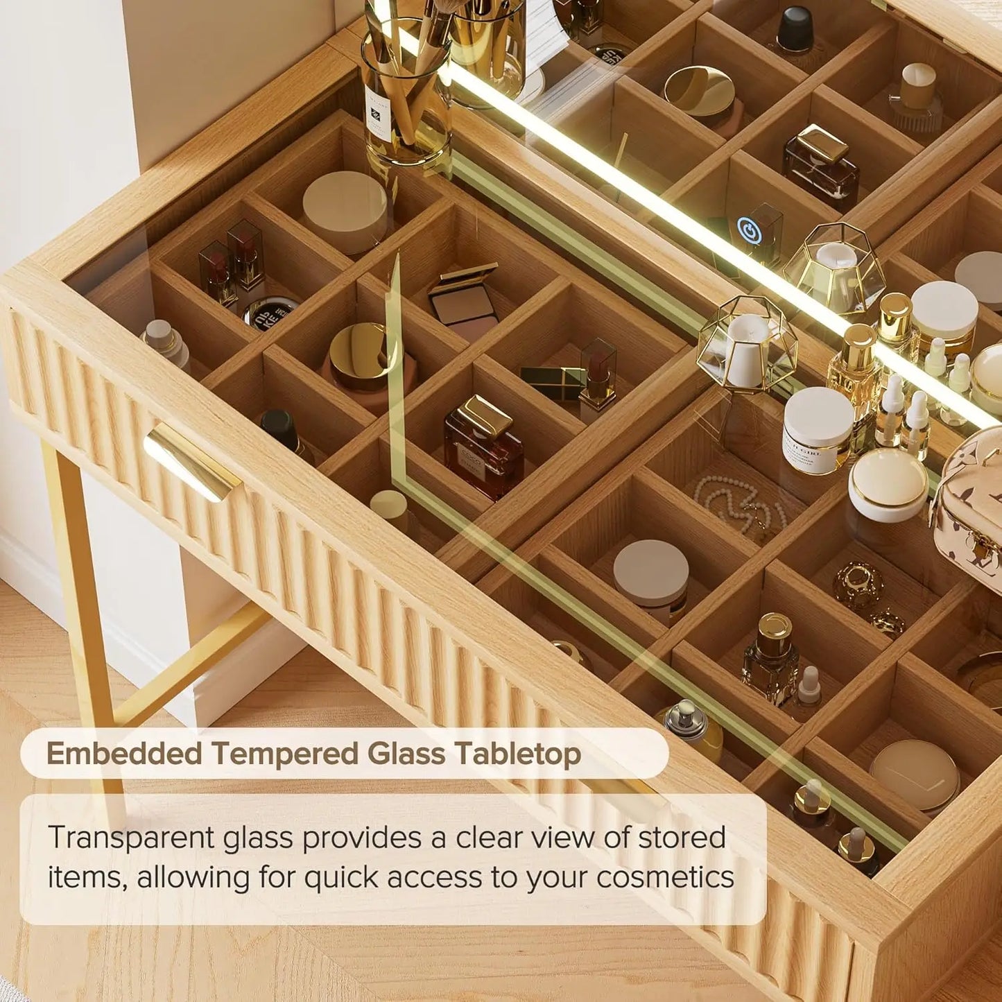 48" Fluted Makeup Vanity Desk with 36" Mirror and Light,Glass Top Wooden Vanity Table with Charging Station,5, Customized