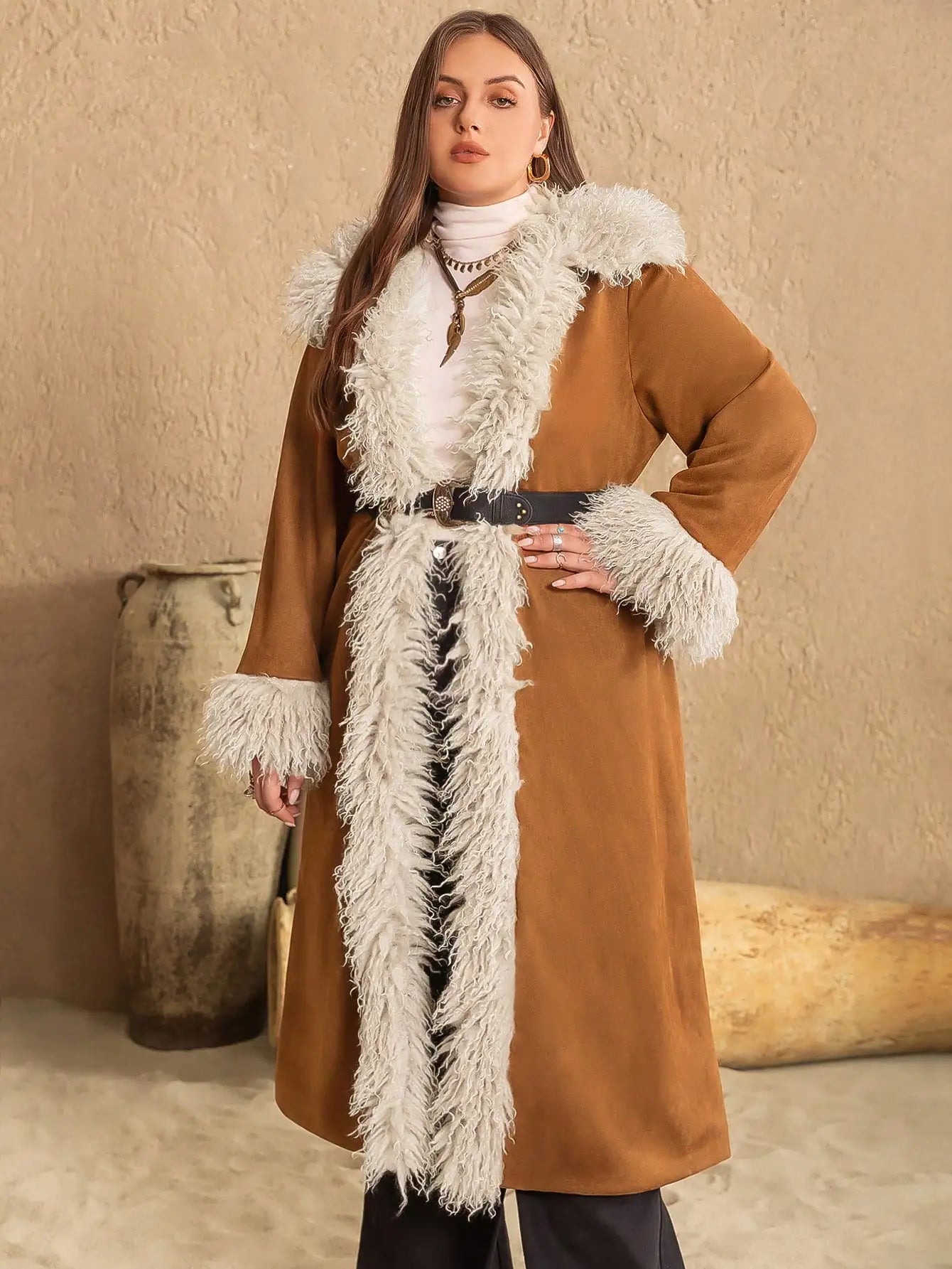 Bohemian Brown Fuzzy Winter Jacket with White Fur Trim for Plus Size Women