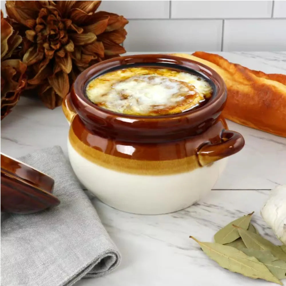 Double Handle 15 fl. oz. Brown Stoneware French Onion Soup Bowl with Lid ,Set of 4