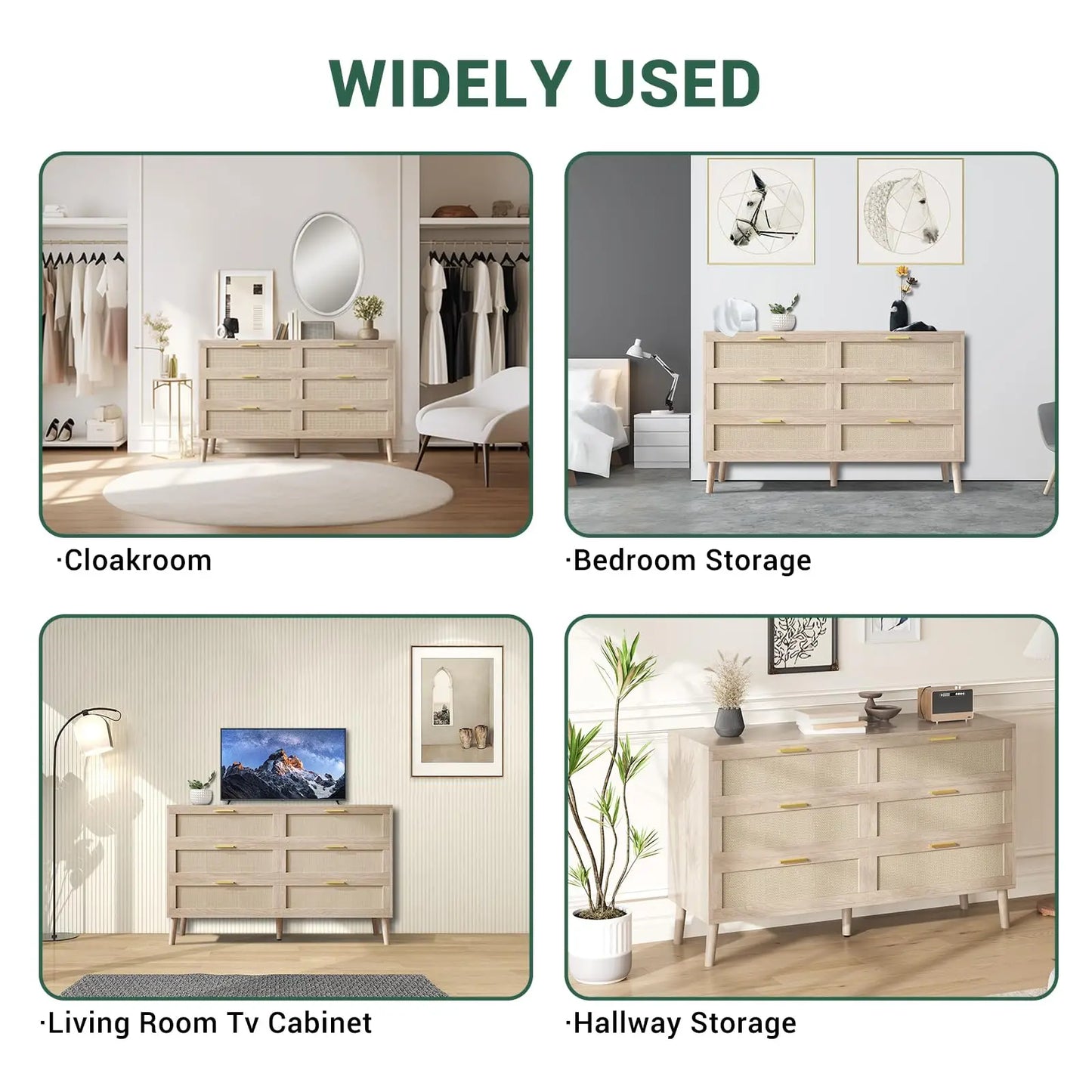 47.2" Rattan 6 Drawer Dresser Mid Century Modern Chest Of Drawers With Gold Handles Large Storage Dresser For Bedroom Entryway