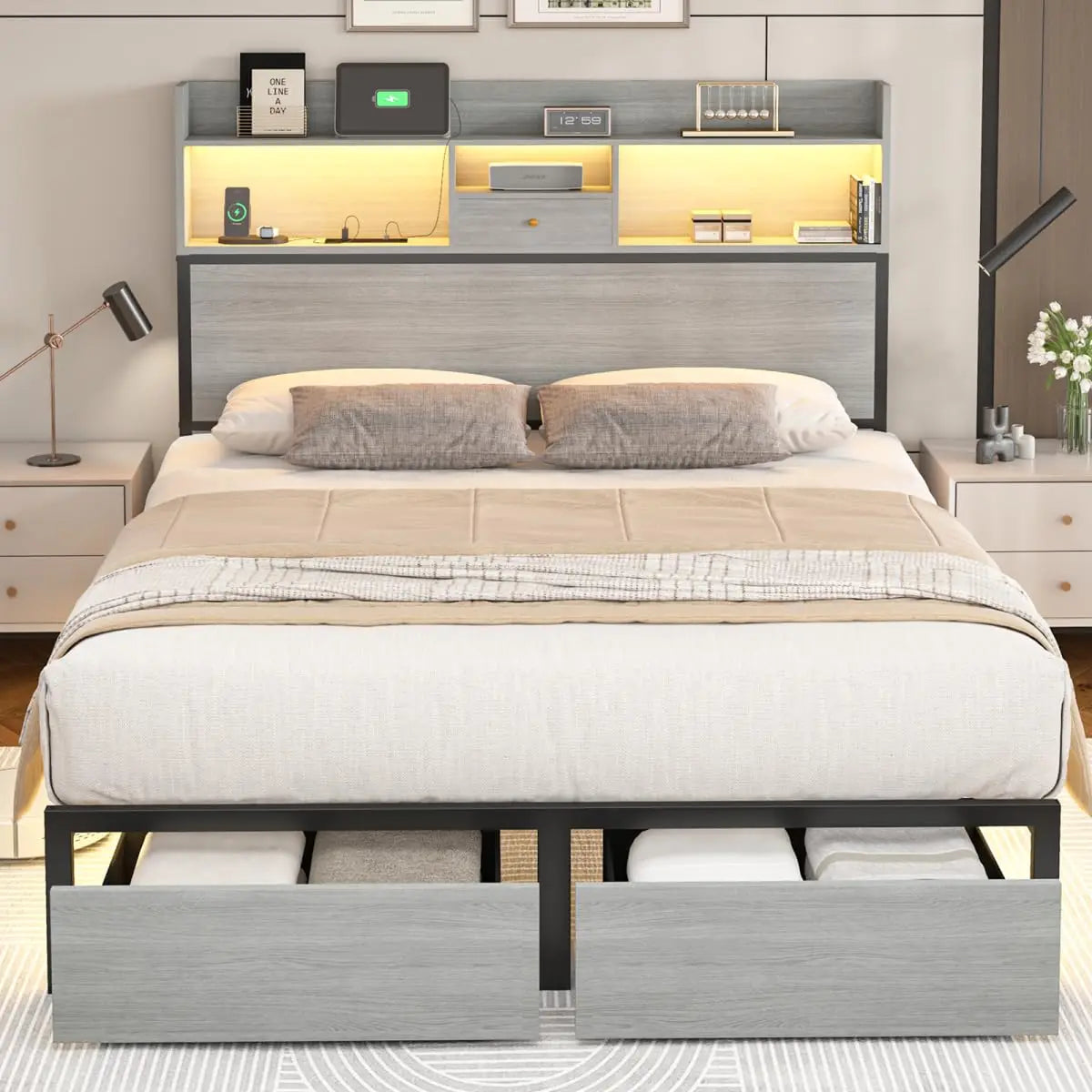 Queen Bed Frame with Tall Headboard and LED Lights, 51.2" Bookcase Bed Frame Queen Size with Storage Drawers and, Customized