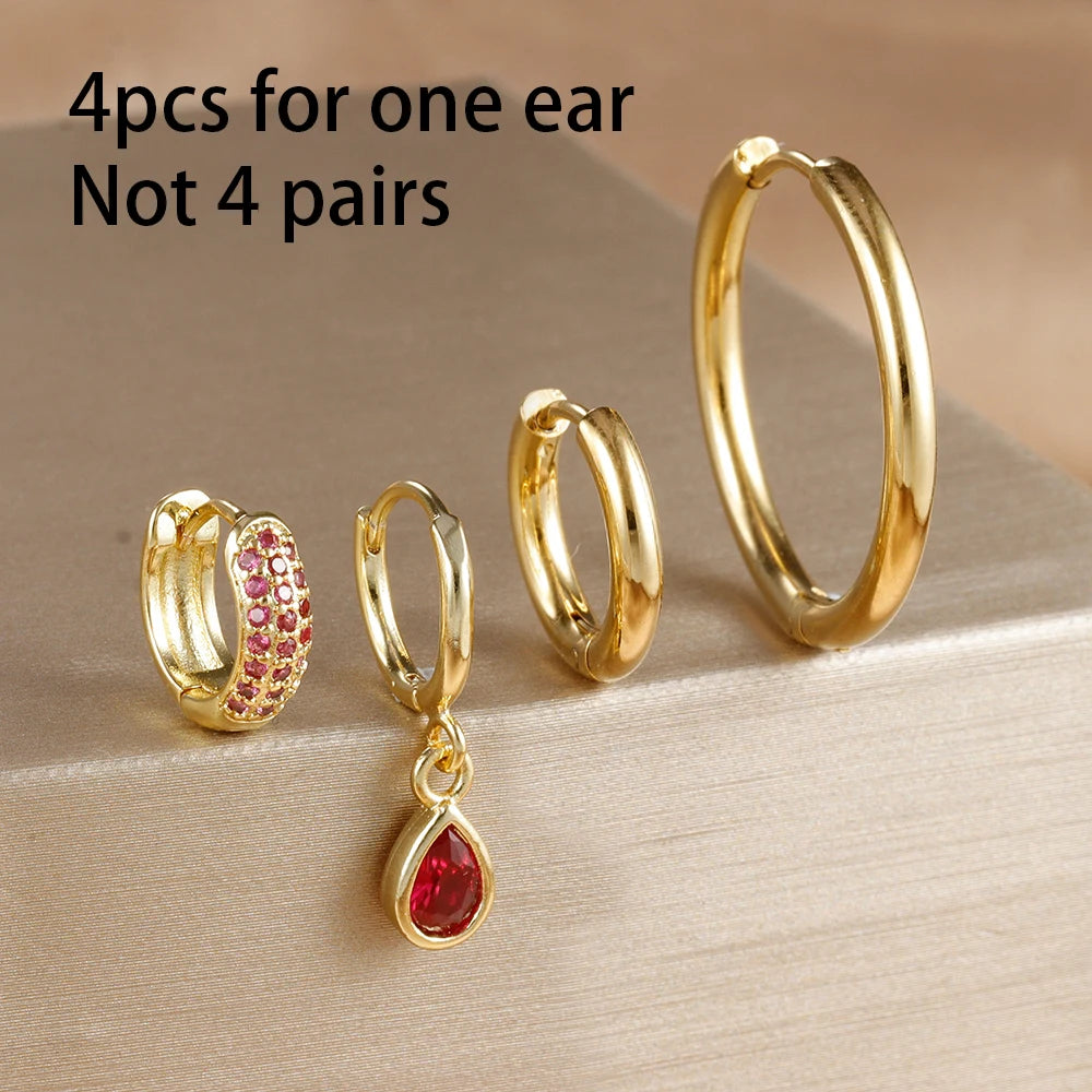 4PCS Rose Red Zircon Stainless Steel Hoop Earrings Set for Women Pendant Water Drop Earring Piercing Jewelry Gift