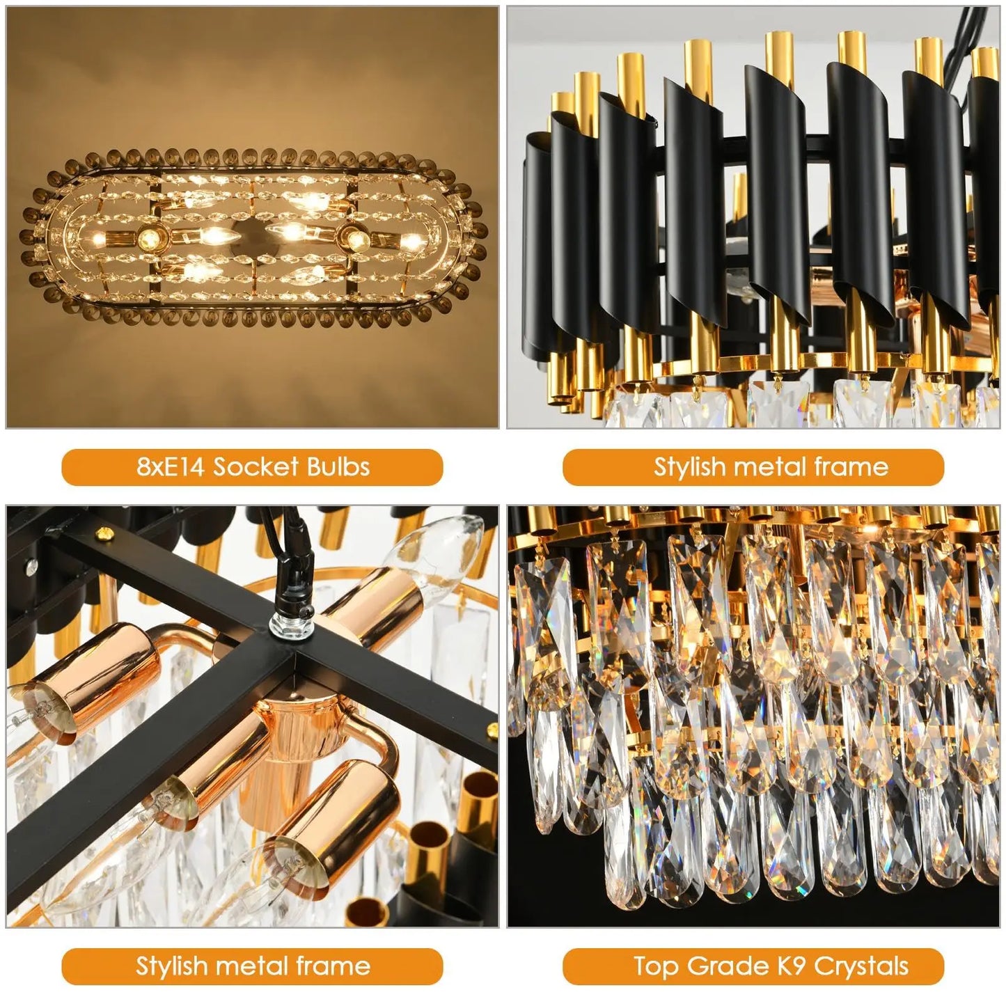 Modern Black & Gold Crystal Chandelier, 3-Tier K9 Oval Crystal Chandelier for Kitchen Island/Living Room/Bedroom/dining room