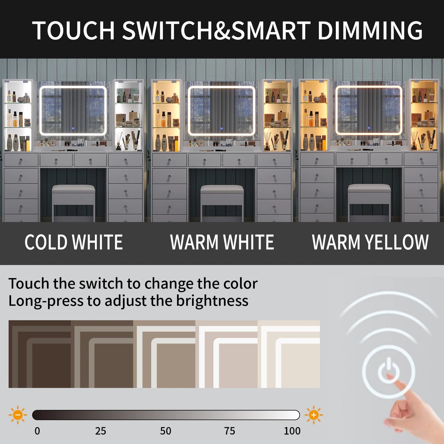 Bedroom Makeup Vanity Desk with Mirror, 12 Drawers