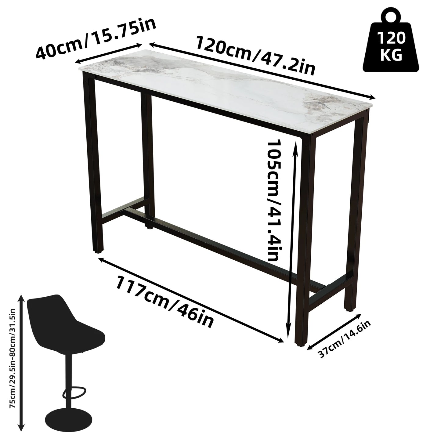 Slate Marble Kitchen Table Bar Table Pub Dining Counter High Table Breakfast Table, 4-6 Person, 120CM Long, Excluding Chairs 
