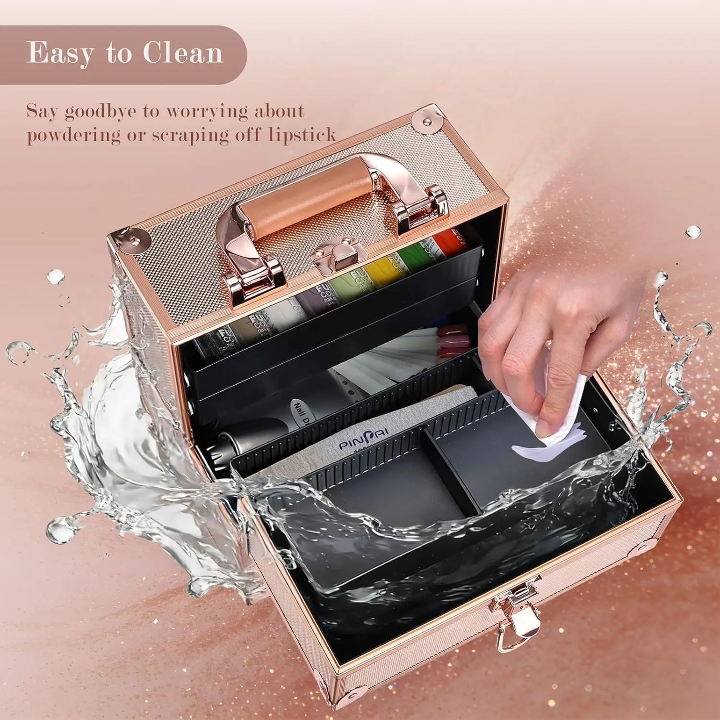 Portable Makeup Train Case with Dividers & Lock, Rose Gold Travel Cosmetic Organizer for Artists, Nail, Sewing Storage