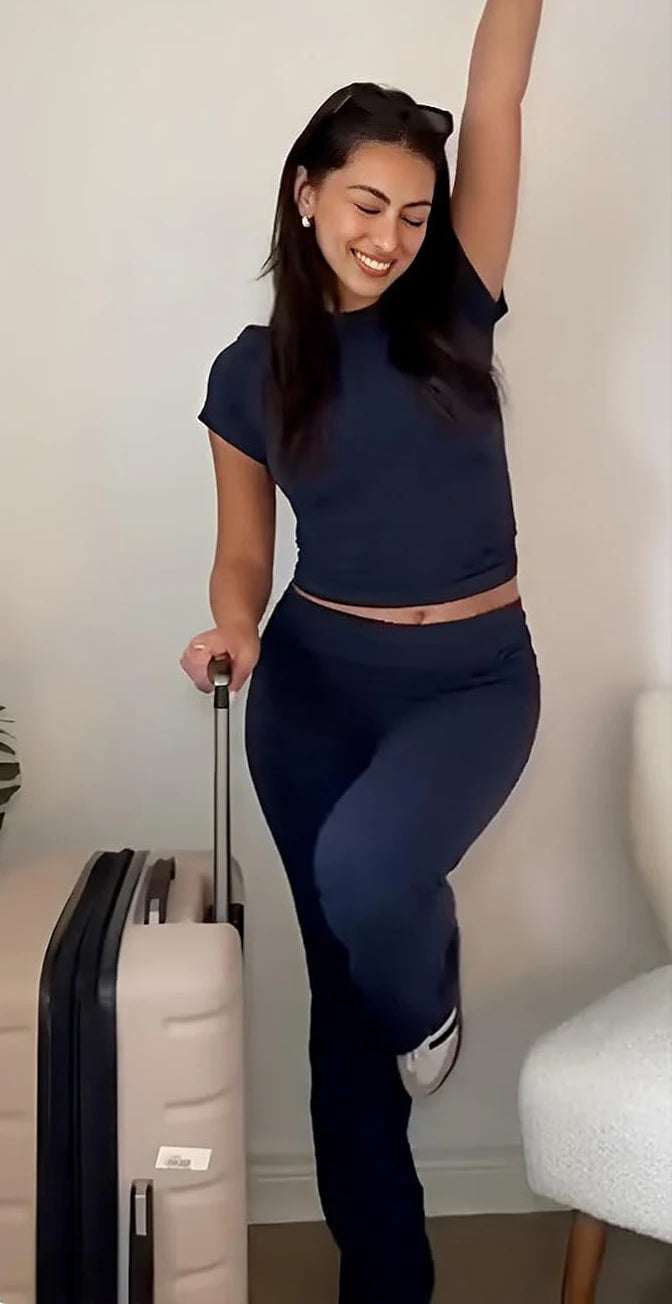 Women's two-piece sports leisure yoga set, short-sleeved cuffed flared trousers, short-sleeved top sports set