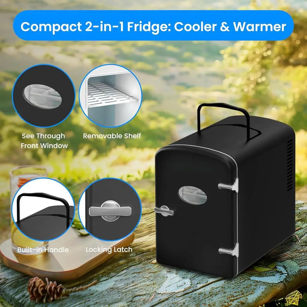 6L Portable Mini Fridge with Observation Window, Warmer, Cooler, 9 Cans, Compact Refrigerator, 100% Copper-Free & Eco-Friendly,
