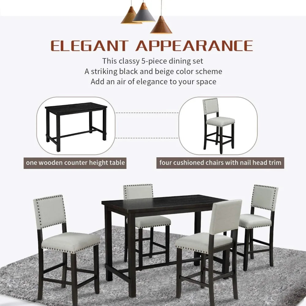 5 Piece Dining Table Set for 4,Counter Height Kitchen Table Set with One Rectangle Table and 4 Cushioned Chairs for 4 Persons D