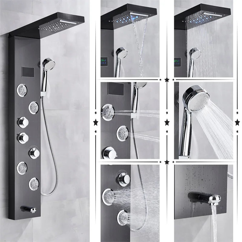 Uythner HighIntensityLED Shower Panel System With Rainfall Massage Temperature Display