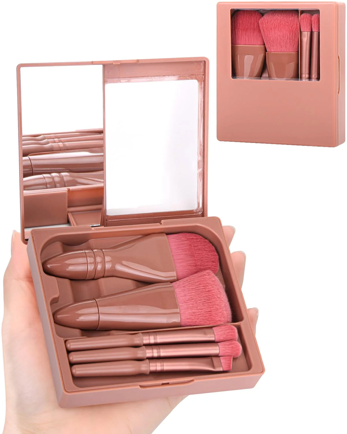 5Pc Mini Makeup Brush Set With Mirror For Travel Case